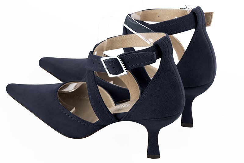 Navy blue women's open side shoes, with crossed straps. Pointed toe. High spool heels. Rear view - Florence KOOIJMAN